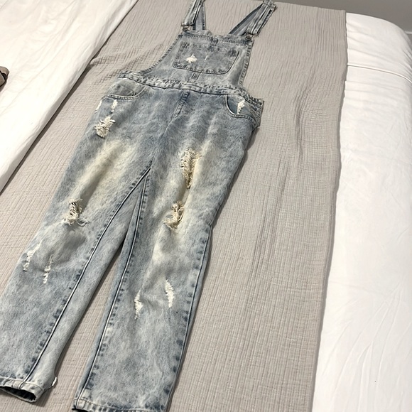 Long Distressed Denim Overalls - Picture 2 of 4